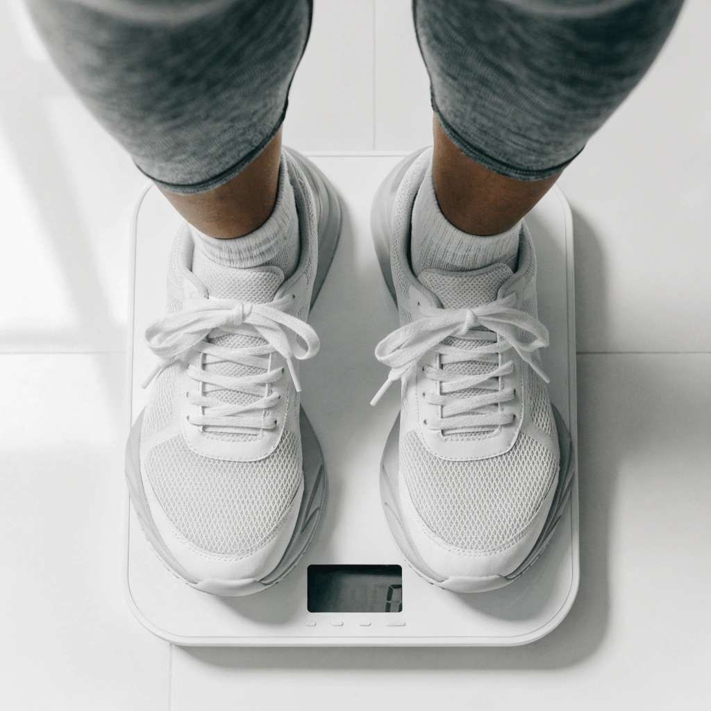 Person stepping on a scale tracking early weight loss